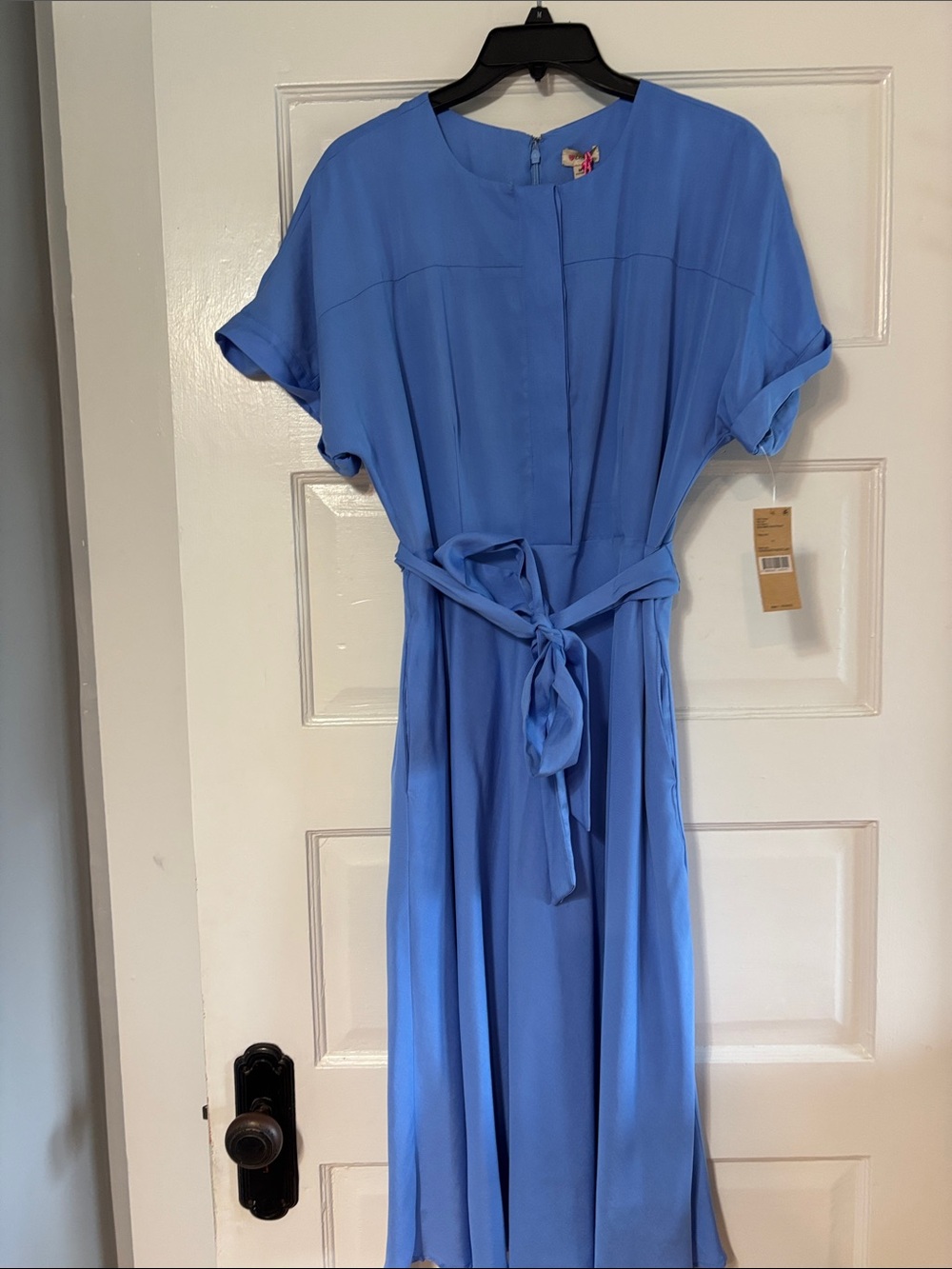 Daniel Cremieux Sky-Blue Belted Midi Dress with Short Sleeves